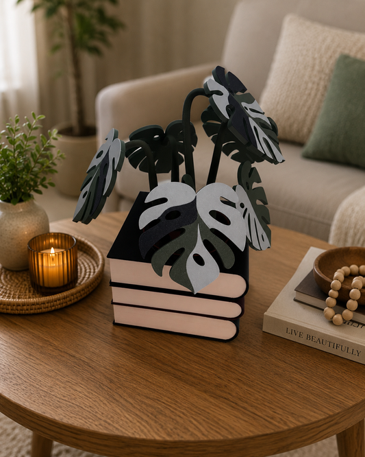Stack of Books Coaster Set with Magnetic Monstera Leaves