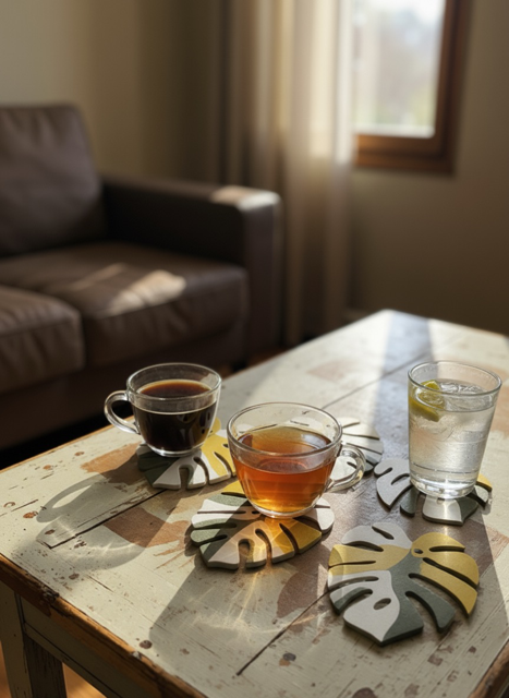 Green Monstera Coaster Set in Pink Floral Pot