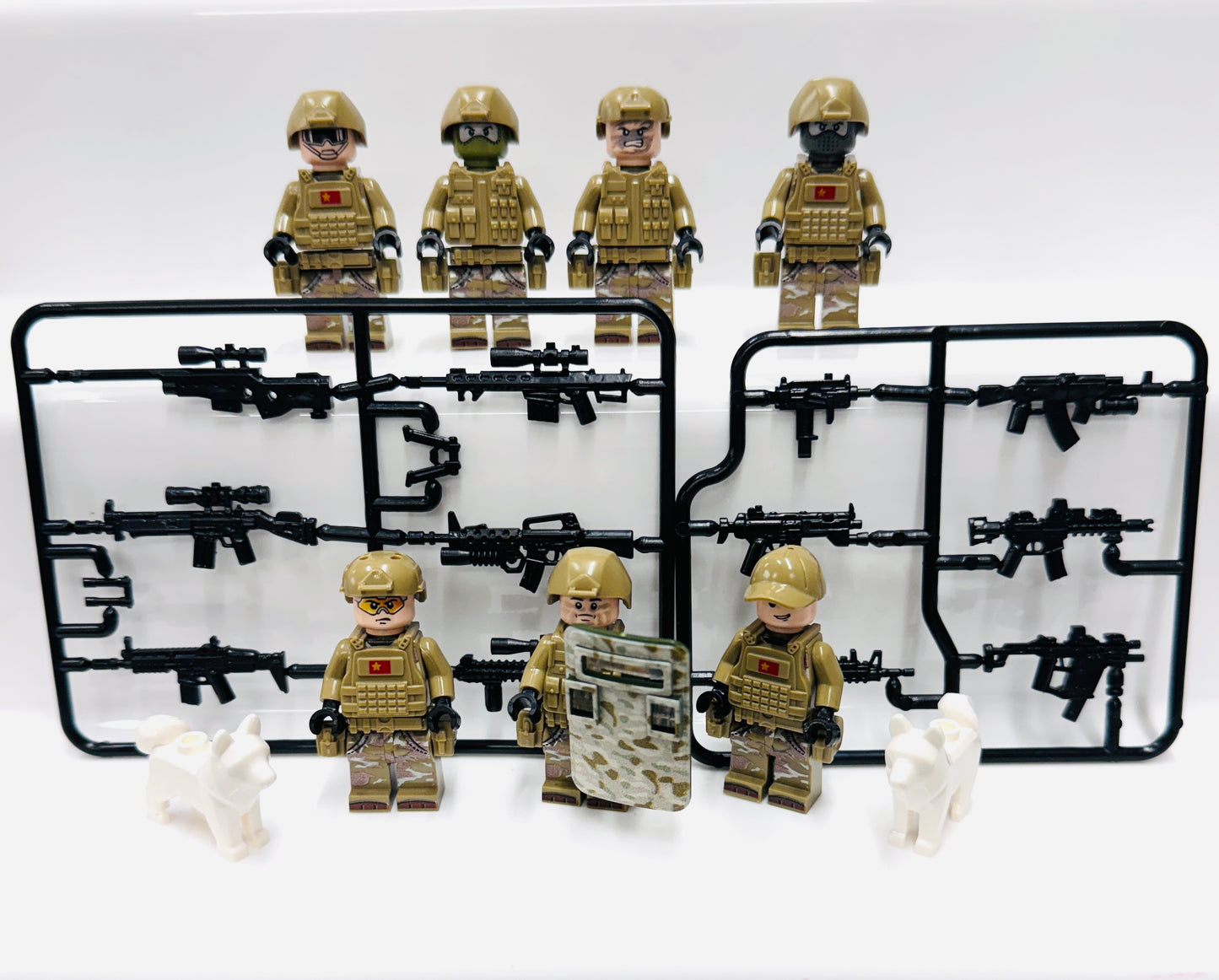 Custom Military Special Forces Set Of 7 Minifigures, 2 Dogs & Weapons sets.