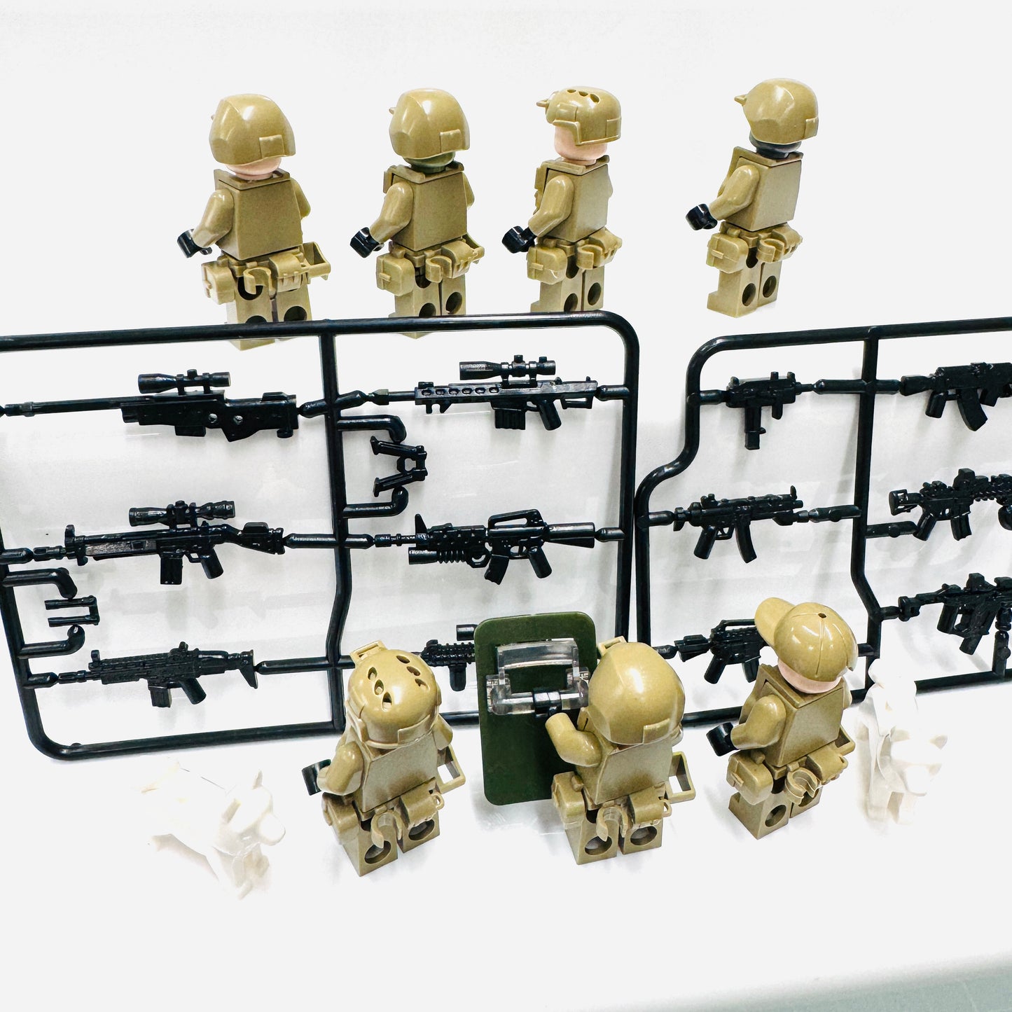 Custom Military Special Forces Set Of 7 Minifigures, 2 Dogs & Weapons sets.