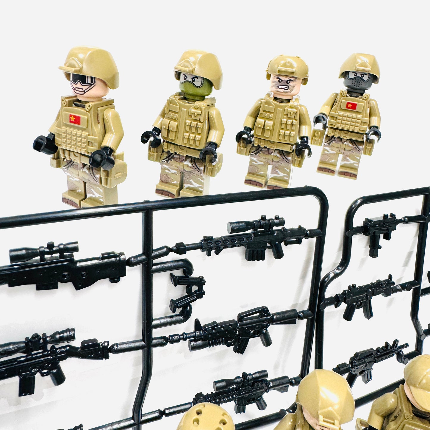 Custom Military Special Forces Set Of 7 Minifigures, 2 Dogs & Weapons sets.