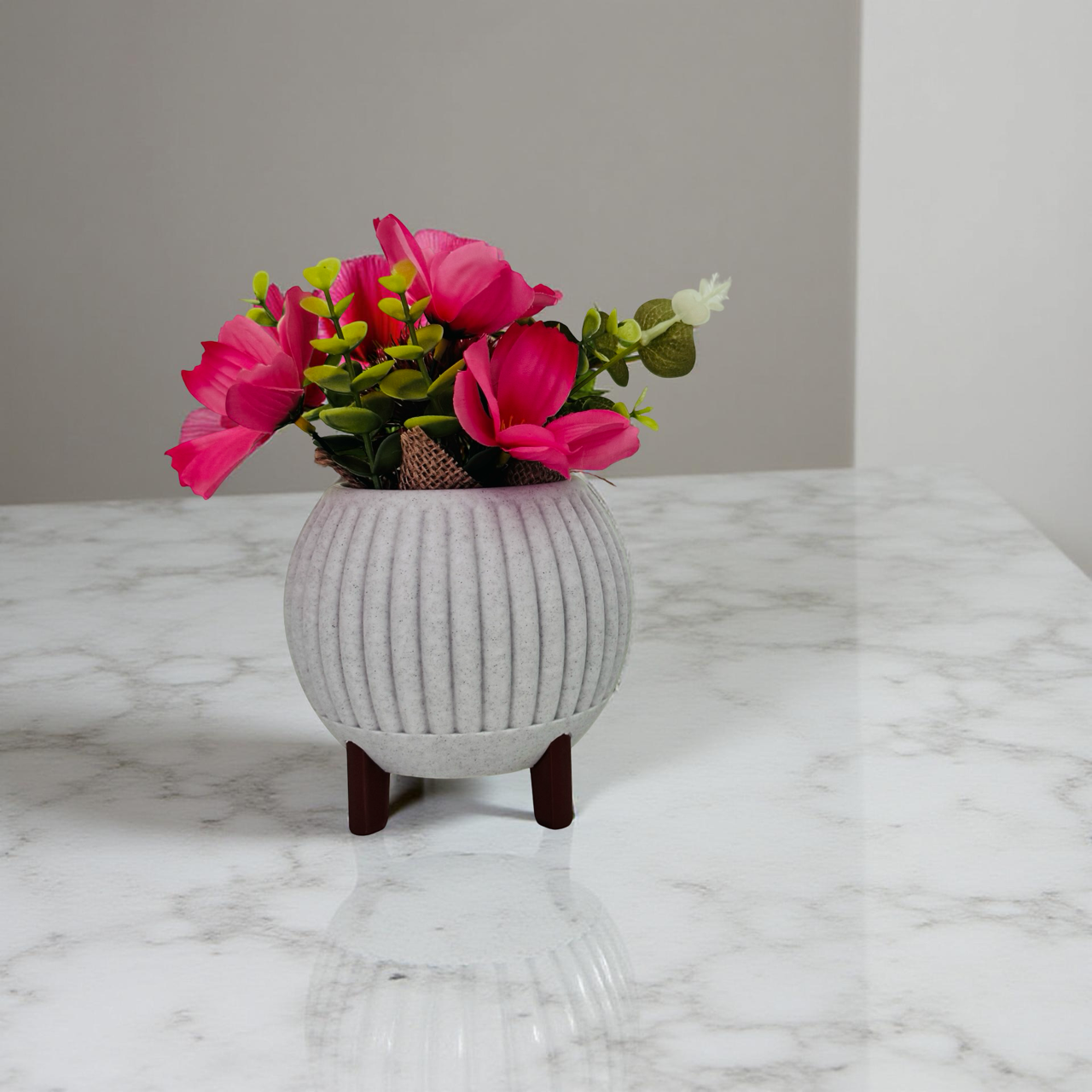 3D Printed Grey Marble Planter with Black Legs