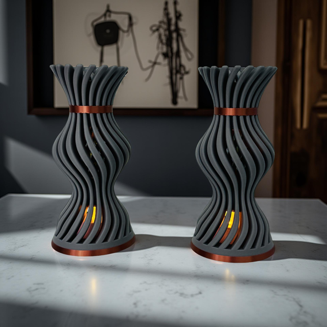 3D Printed Grey and Copper Candlestick & Tealight Holder - Set of Two