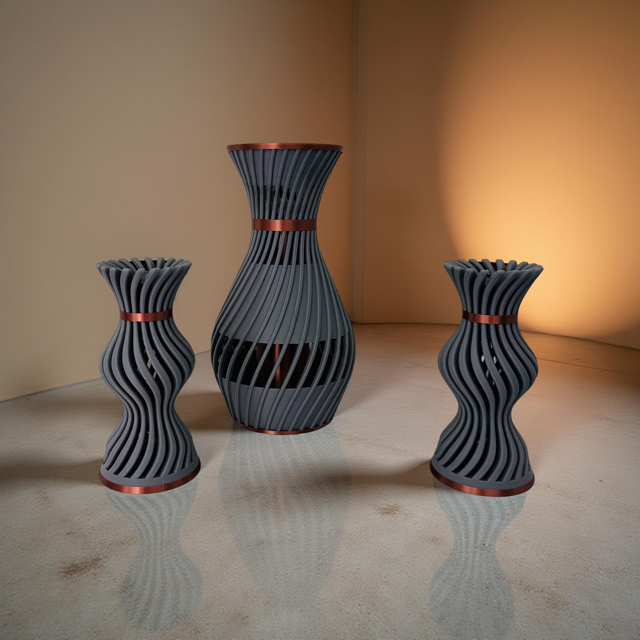 3D Printed Grey and Copper Vase with Striking Copper Insert & Matching Candlestick Holder Set