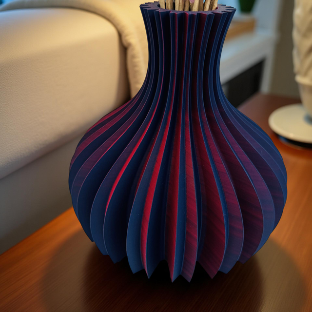 3D Printed Blue and Red Two-Toned Curved Vase