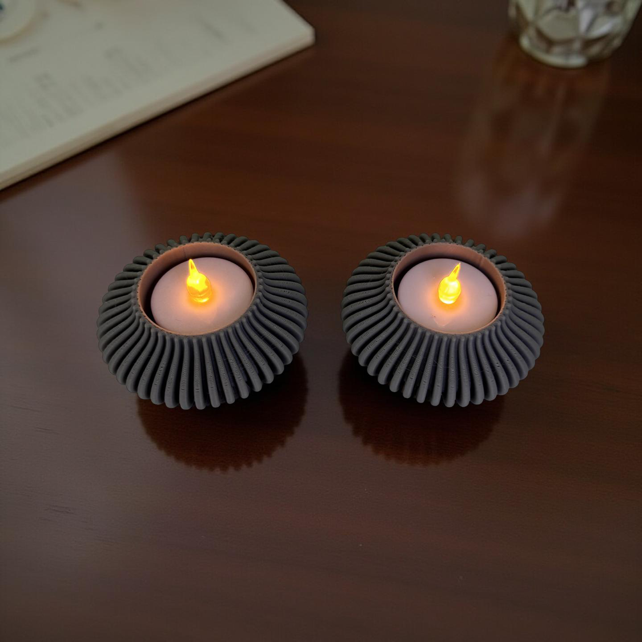 3D Printed Grey Tealight Holders and Tealights - Set of Two