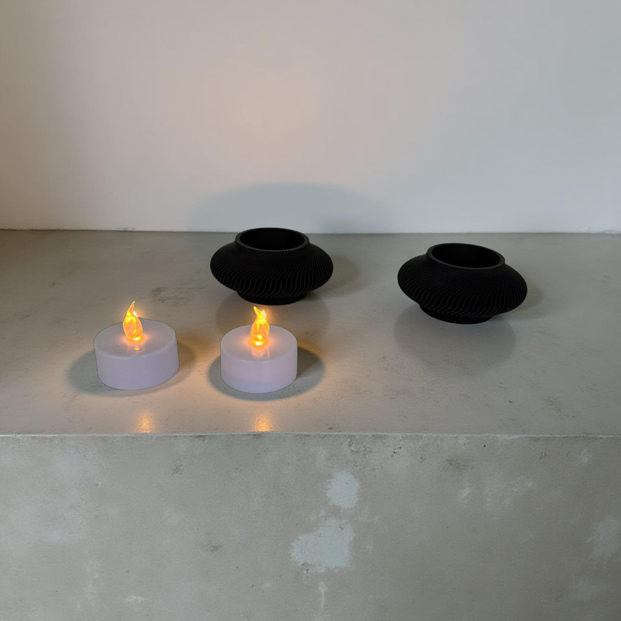 3D Printed Black Tealight Holders and Tealights - Set of Two