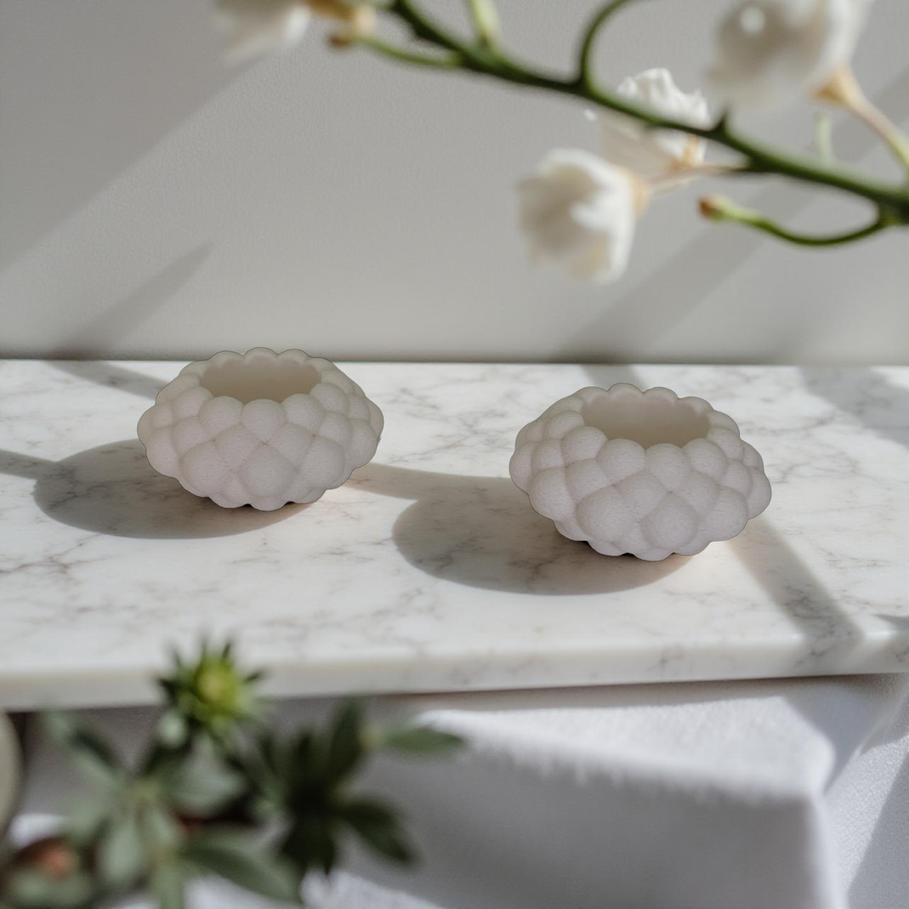 3D Printed White Bubble Tealight Holders and Tealights - Set of Two