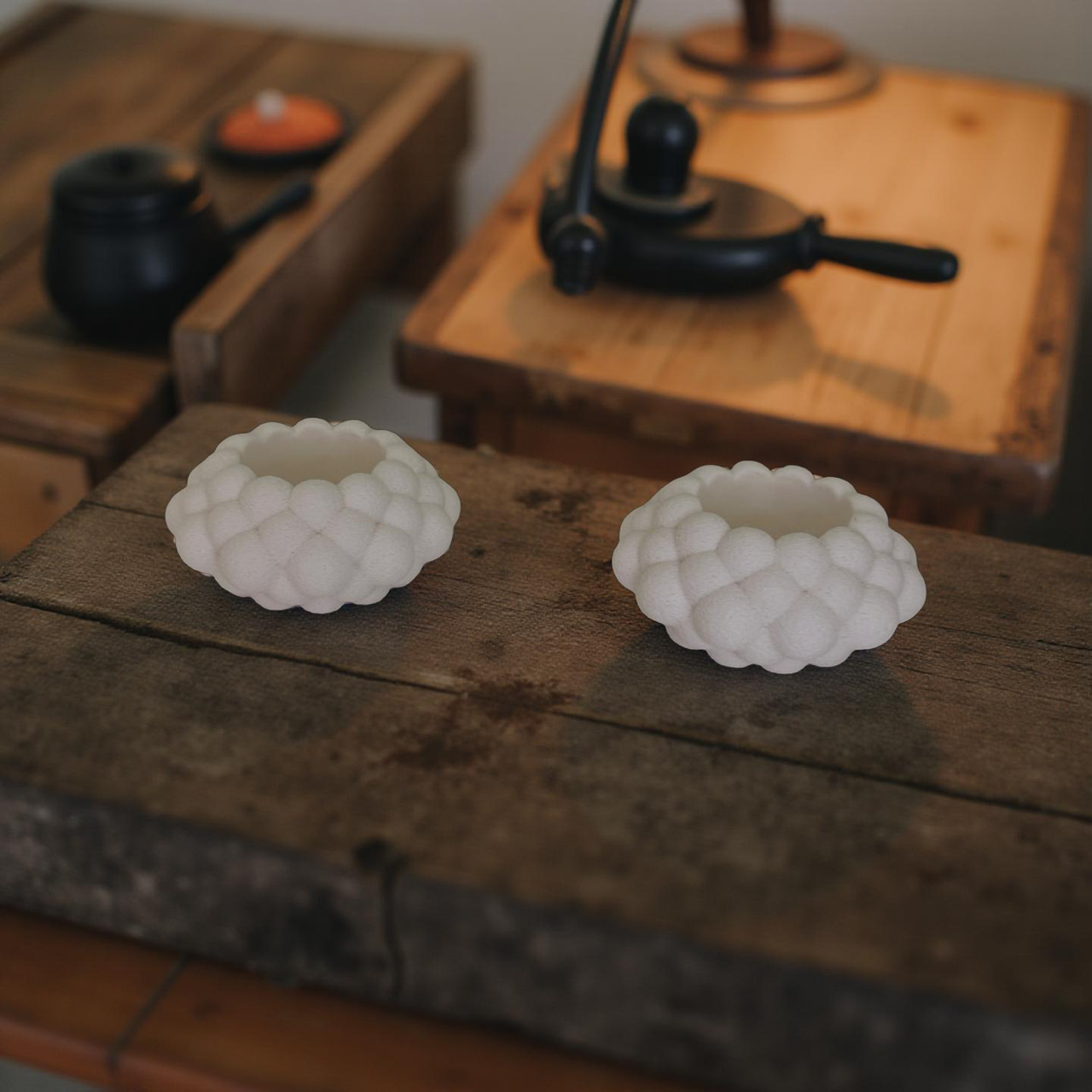 3D Printed White Bubble Tealight Holders and Tealights - Set of Two