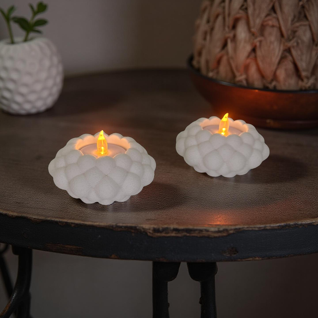 3D Printed White Bubble Tealight Holders and Tealights - Set of Two