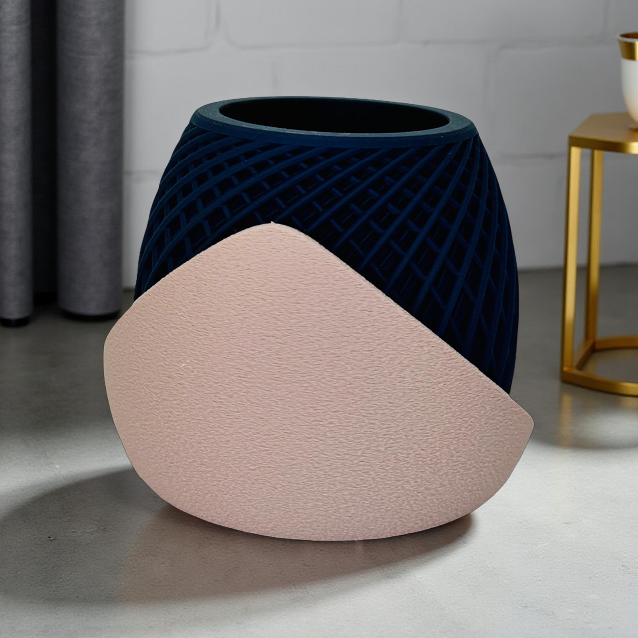 3D Printed Navy Planter with Beige Geometric Base
