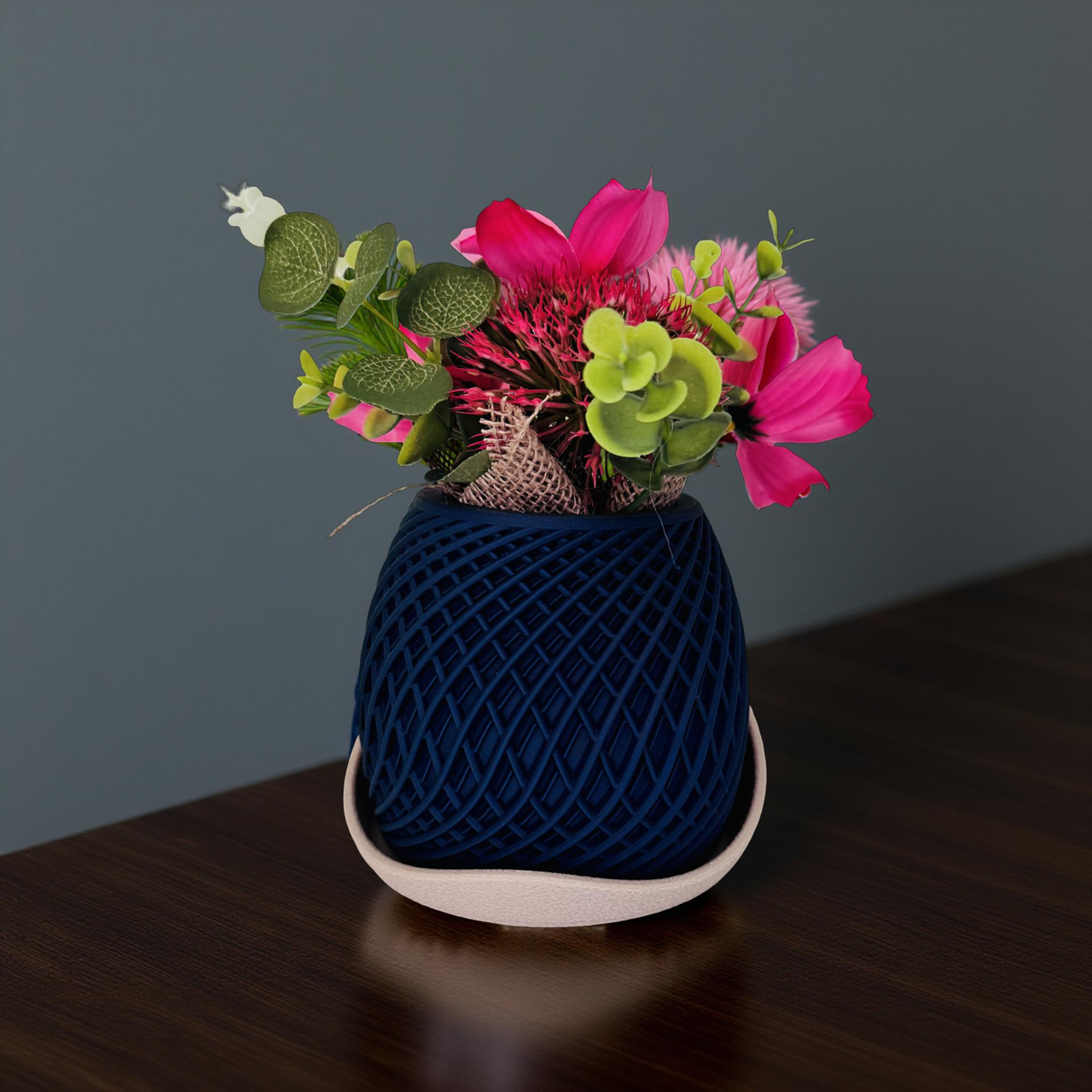 3D Printed Navy Planter with Beige Geometric Base