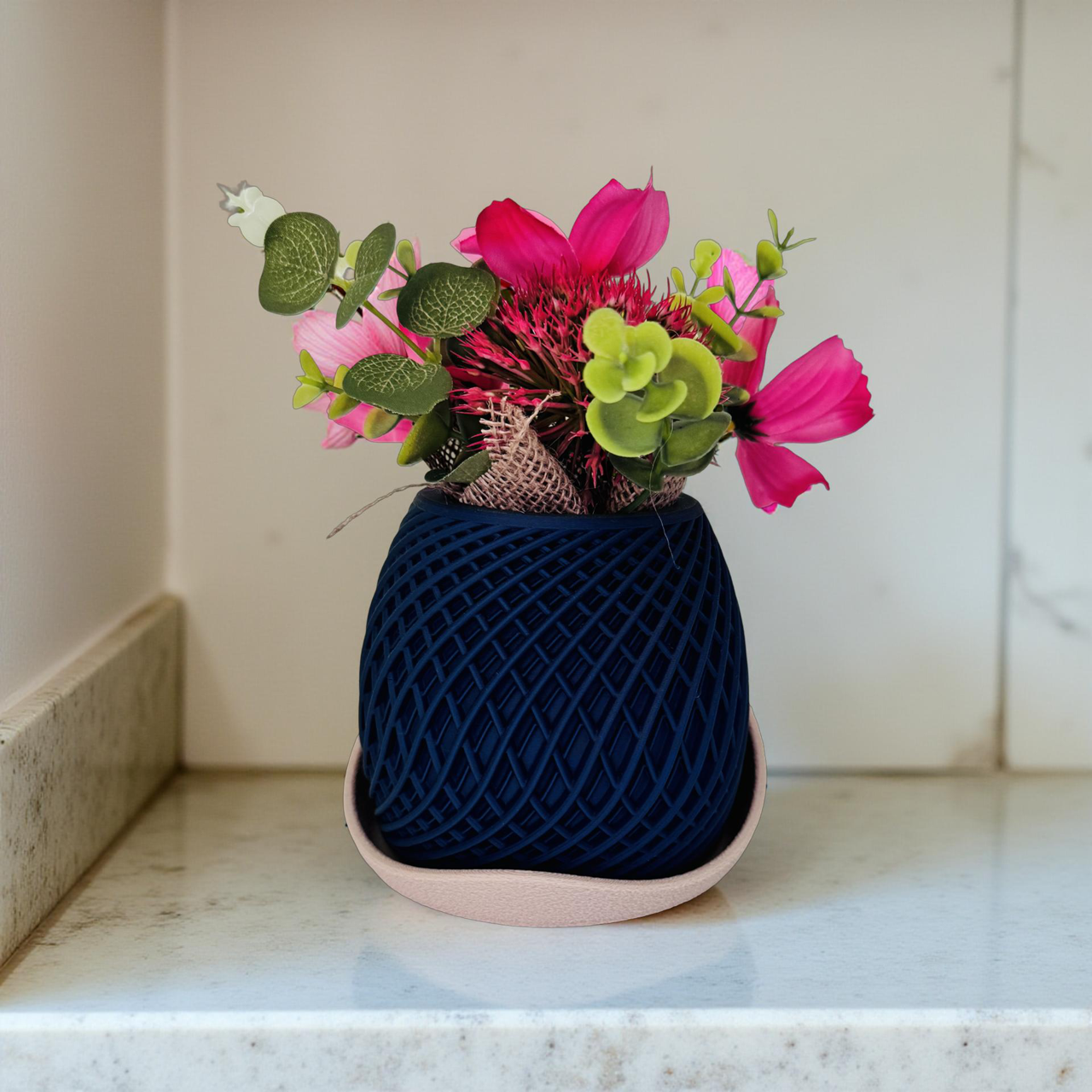 3D Printed Navy Planter with Beige Geometric Base