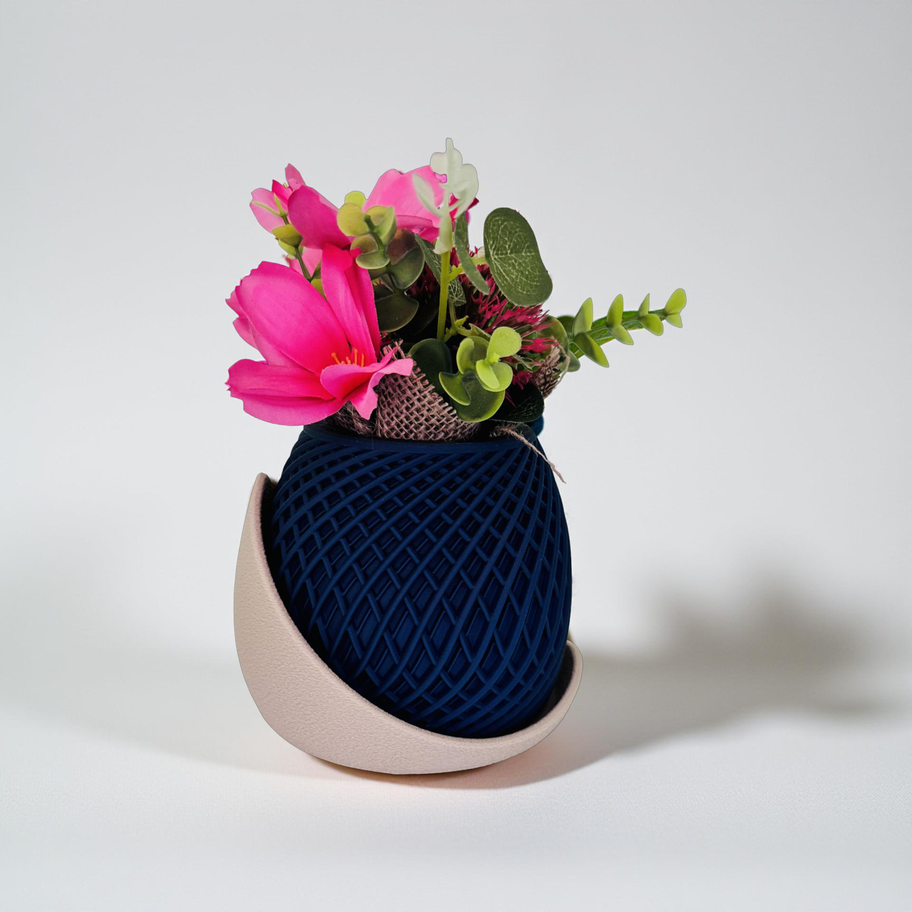 3D Printed Navy Planter with Beige Geometric Base