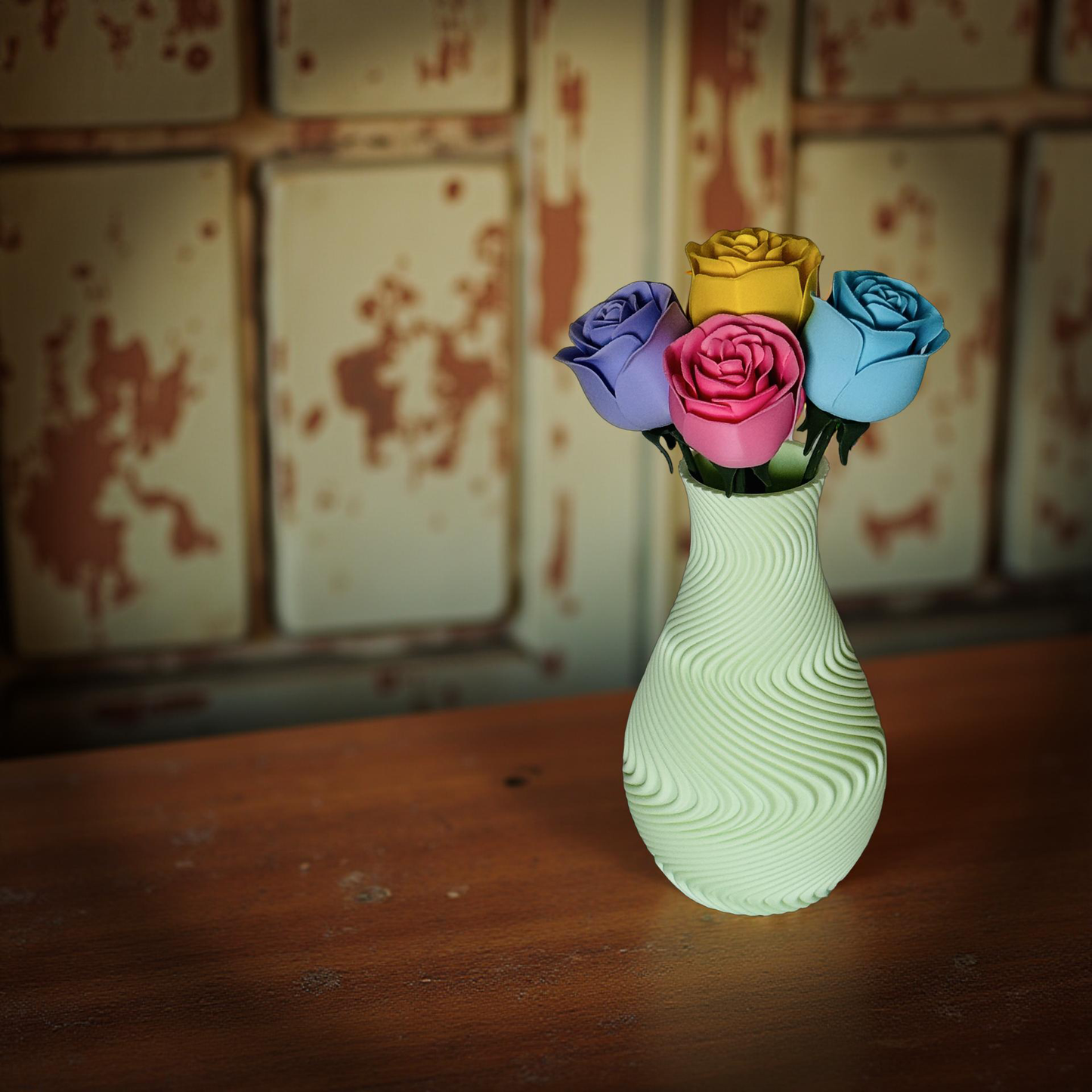 Ethereal Hues Vase 17cm 3D- Printed Vase in Pastel, Wood & Sleek Greys
