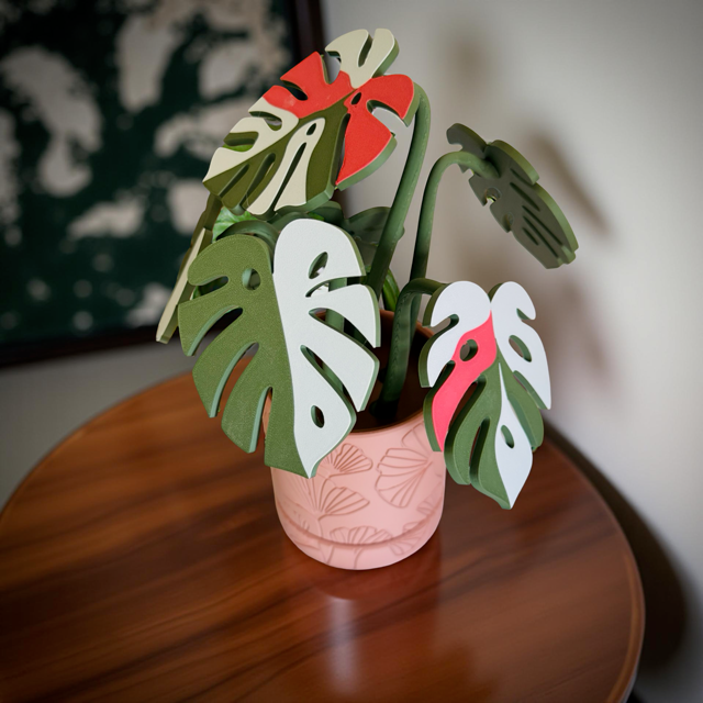 Red Monstera Coaster Set in Pink Floral Pot
