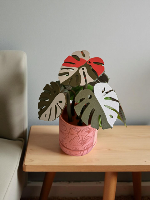 Red Monstera Coaster Set in Pink Floral Pot