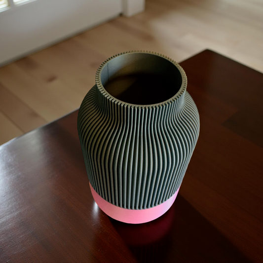 Grey Ribbed Vase with Pink Satin Detail for Lego Flowers or Artificial Flowers
