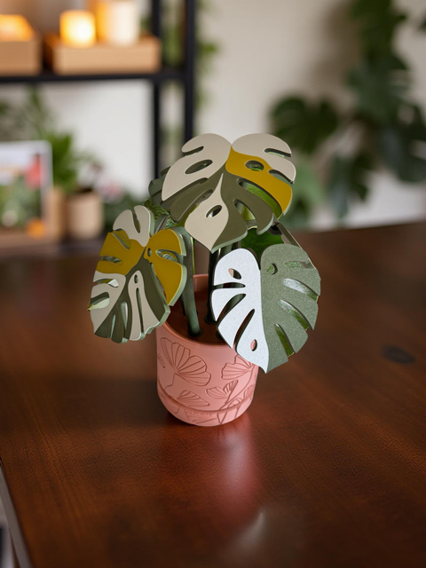 Green Monstera Coaster Set in Pink Floral Pot