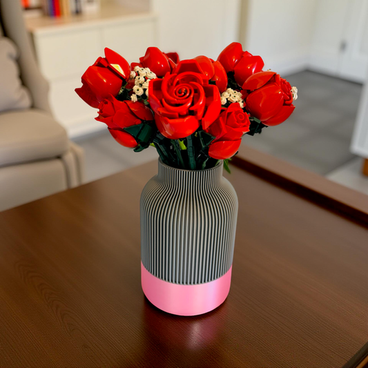 Grey Ribbed Vase with Pink Satin Detail for Lego Flowers or Artificial Flowers