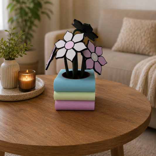 🌸 Stack of Books Coaster Set with Magnetic Flower Bouquet