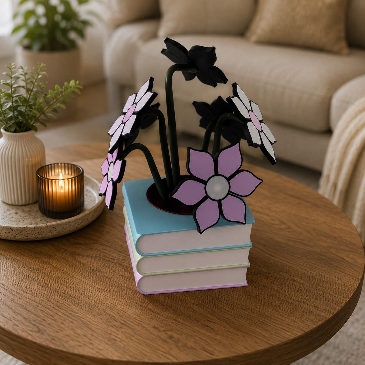🌸 Stack of Books Coaster Set with Magnetic Flower Bouquet