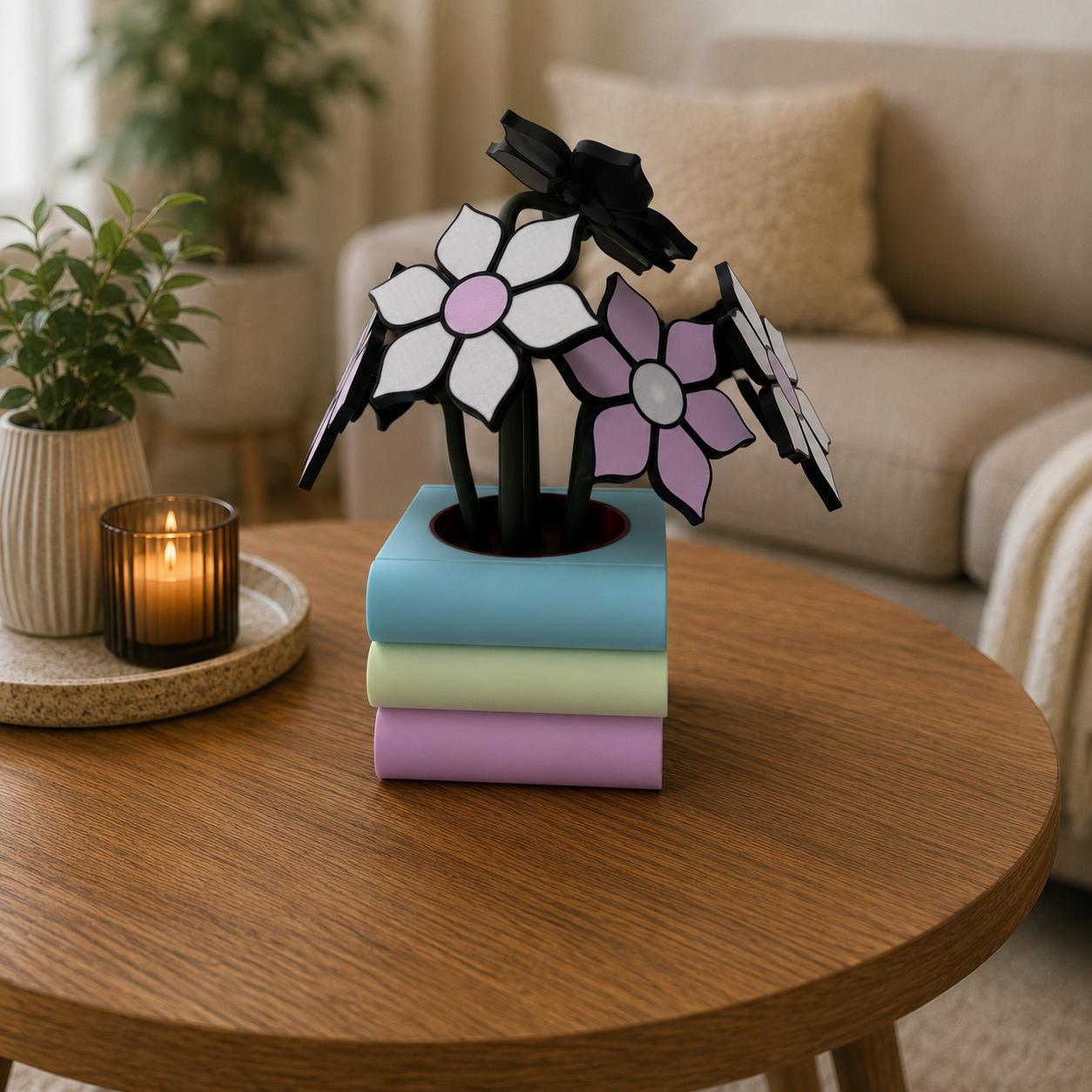 🌸 Stack of Books Coaster Set with Magnetic Flower Bouquet