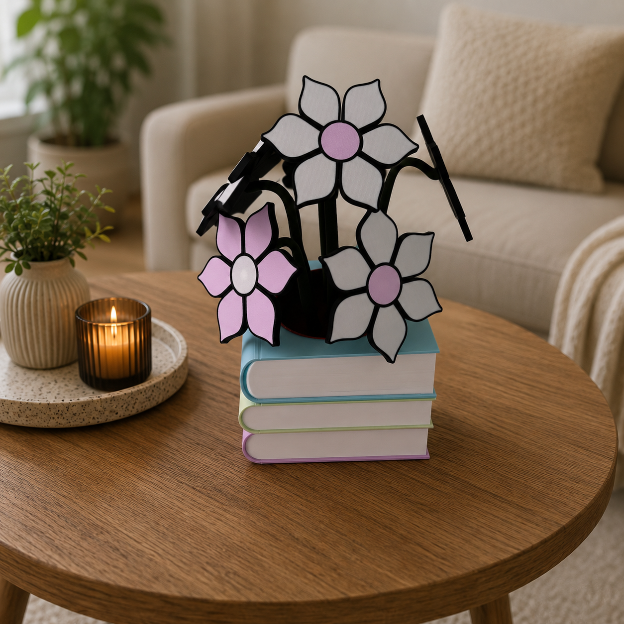 🌸 Stack of Books Coaster Set with Magnetic Flower Bouquet