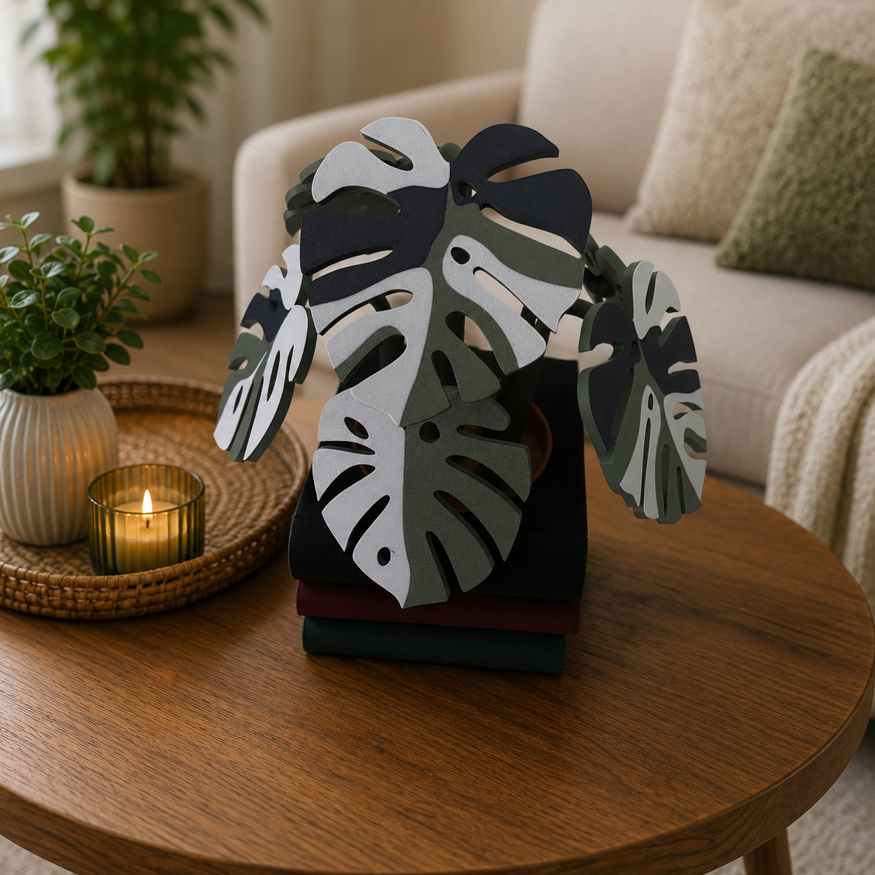 Stack of Books Coaster Set with Magnetic Monstera Leaves
