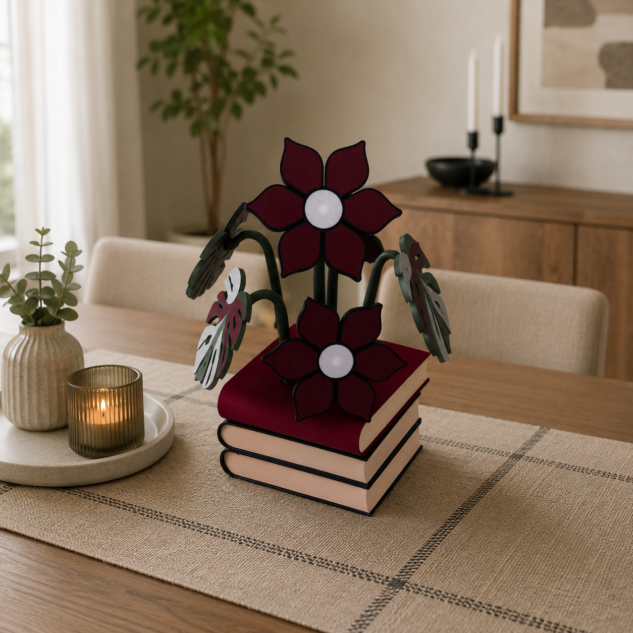 Stack of Books Coaster Set with Magnetic Monstera & flowers