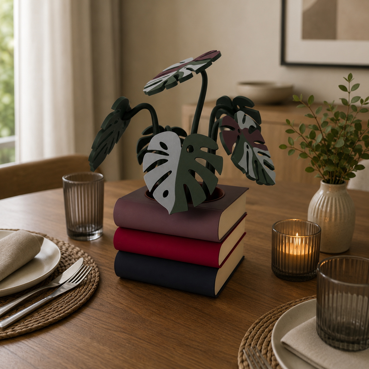 Stack of Books Coaster Set with Magnetic Monstera Leaves