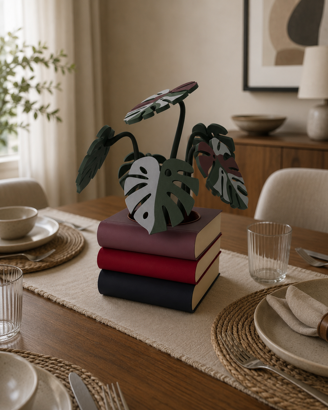 Stack of Books Coaster Set with Magnetic Monstera Leaves
