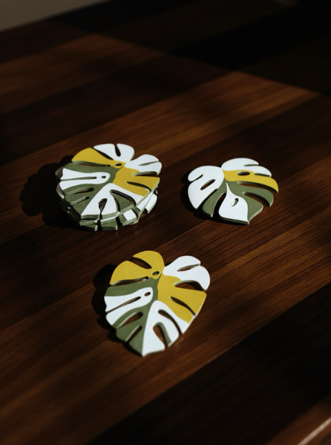 Green Monstera Coaster Set in Pink Floral Pot