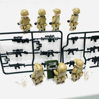 Custom Military Special Forces Set Of  7 Minifigures, 2 Dogs & Weapons sets.