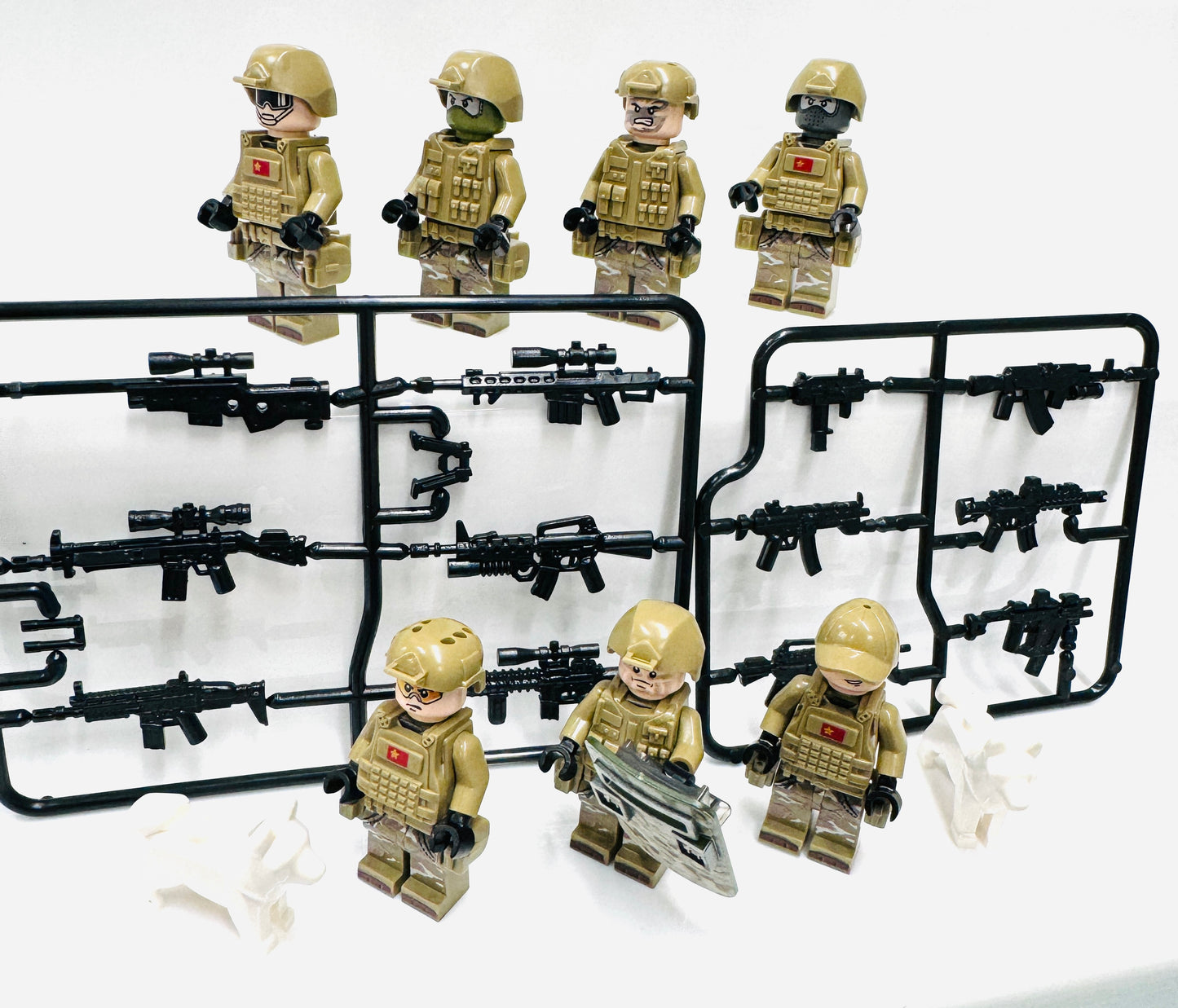 Custom Military Special Forces Set Of  7 Minifigures, 2 Dogs & Weapons sets.