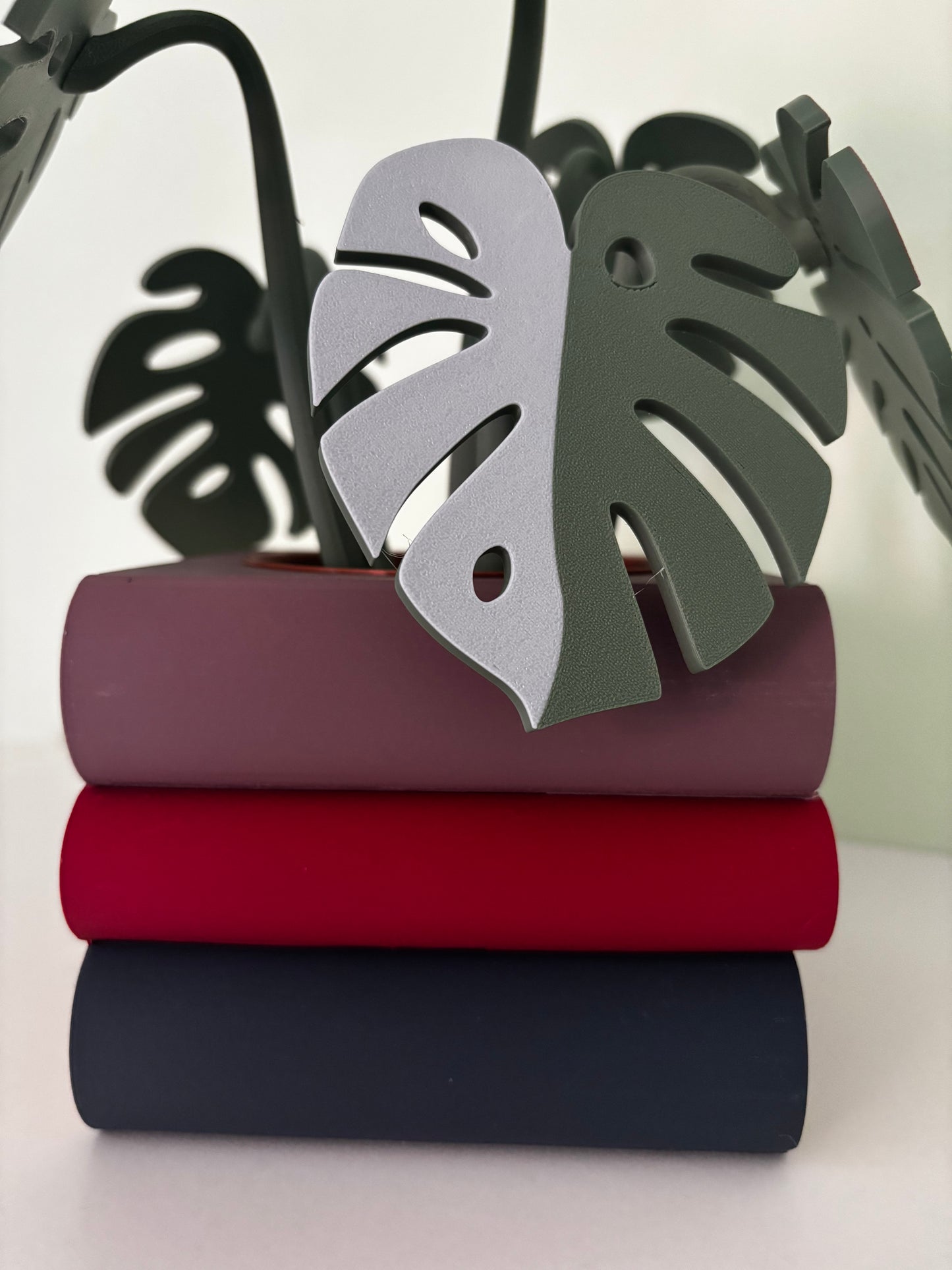 Stack of Books Coaster Set with Magnetic Monstera Leaves