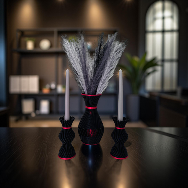 3D Printed Red and Copper Vase with Striking Copper Insert & Matching Candlestick Holder Set