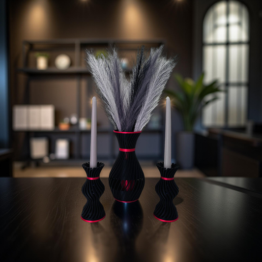 3D Printed Red and Copper Vase with Striking Copper Insert & Matching Candlestick Holder Set
