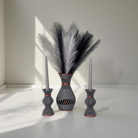 3D Printed Grey and Copper Vase with Striking Copper Insert & Matching Candlestick Holder Set