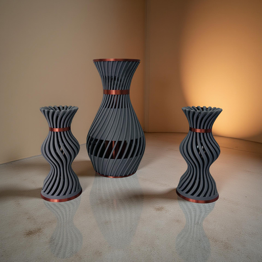 3D Printed Grey and Copper Vase with Striking Copper Insert & Matching Candlestick Holder Set