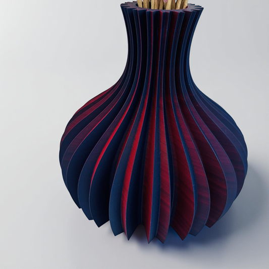 3D Printed Blue and Red Two-Toned Curved Vase