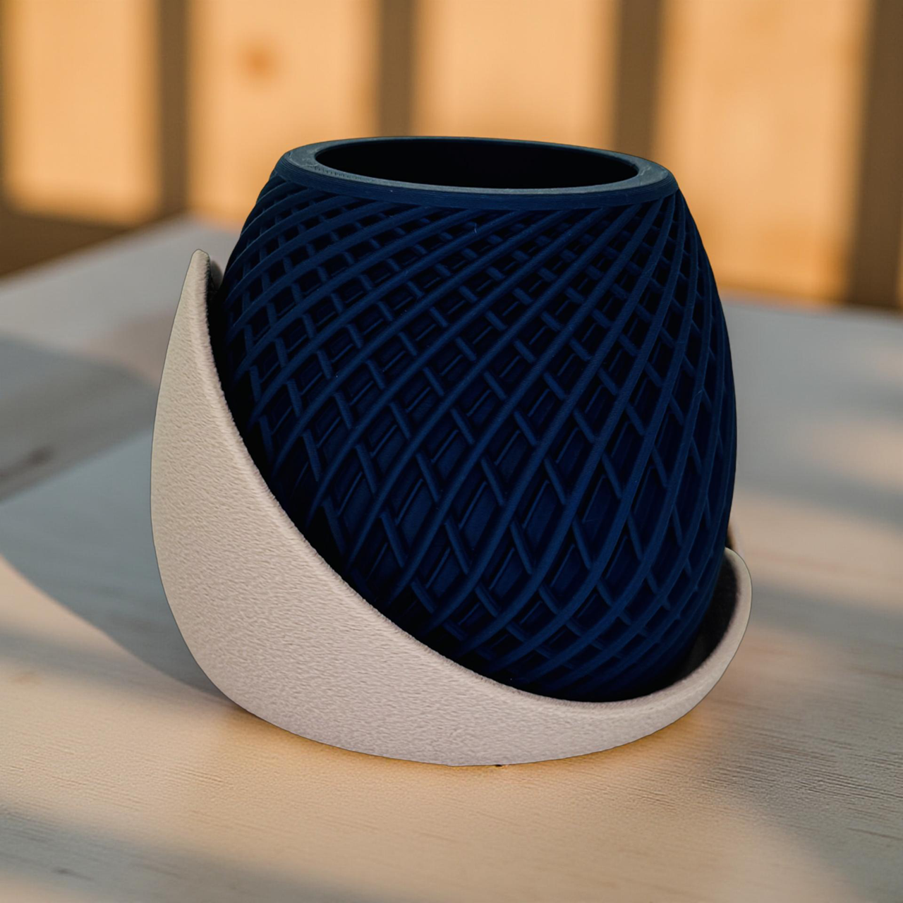 3D Printed Navy Planter with Beige Geometric Base
