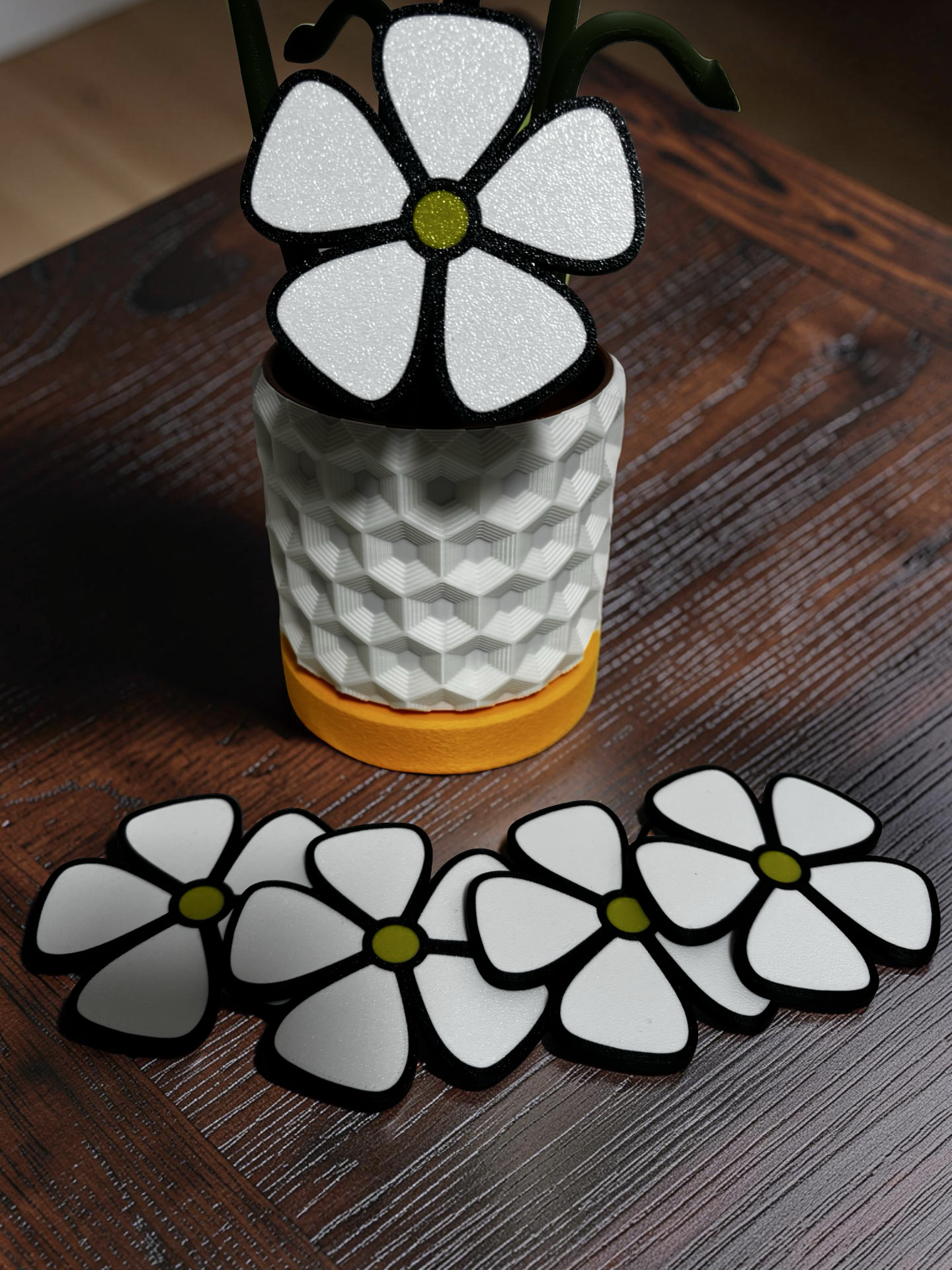 Daisy Coaster Set with Magnetic Holder | 6 Flower Coasters | Modern decor