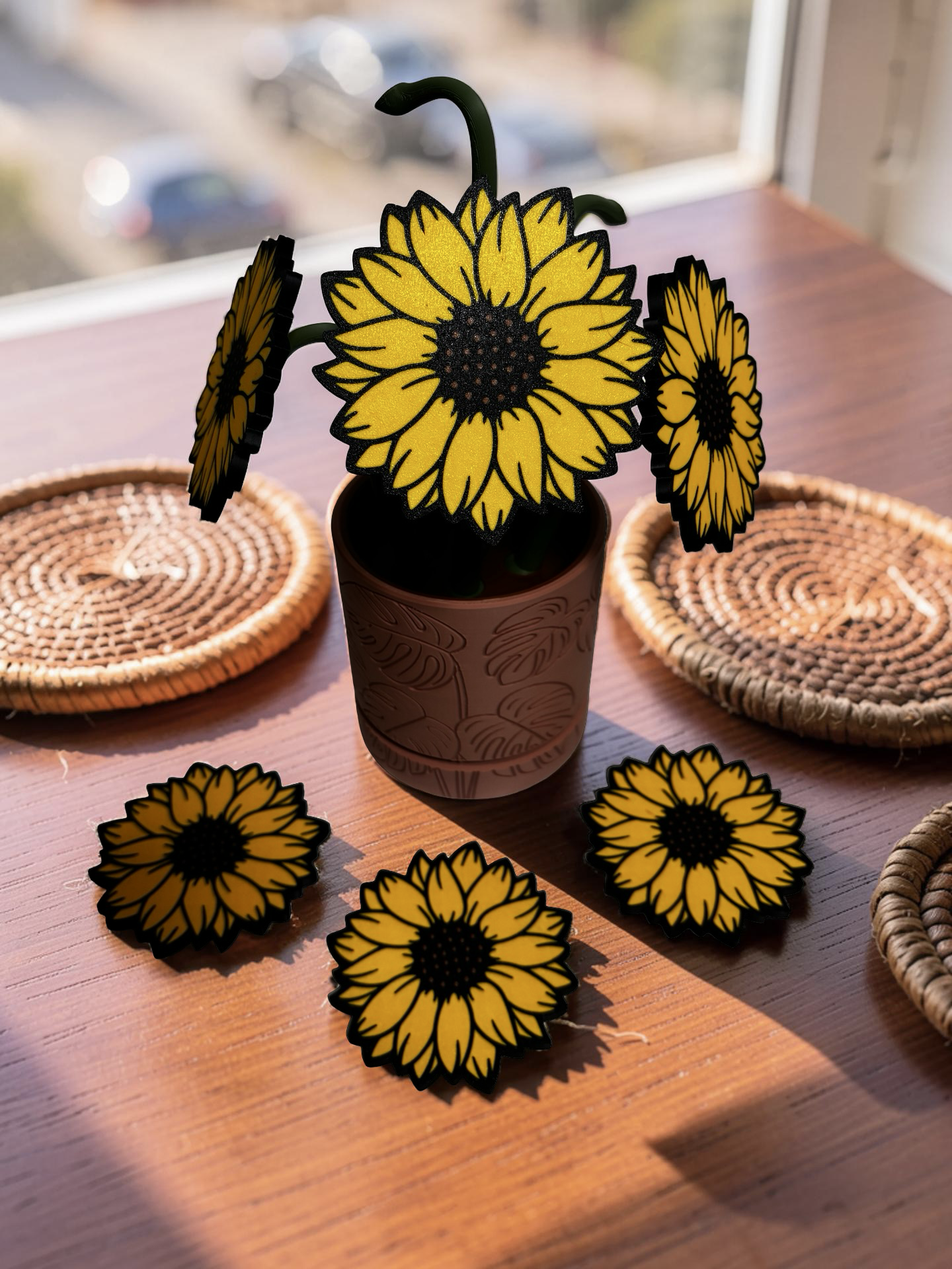 SunFlower Coaster Set with Magnetic Holder | 6 Flower Coasters | Modern decor