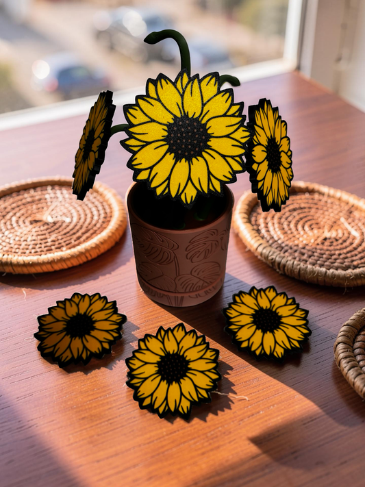 SunFlower Coaster Set with Magnetic Holder | 6 Flower Coasters | Modern decor