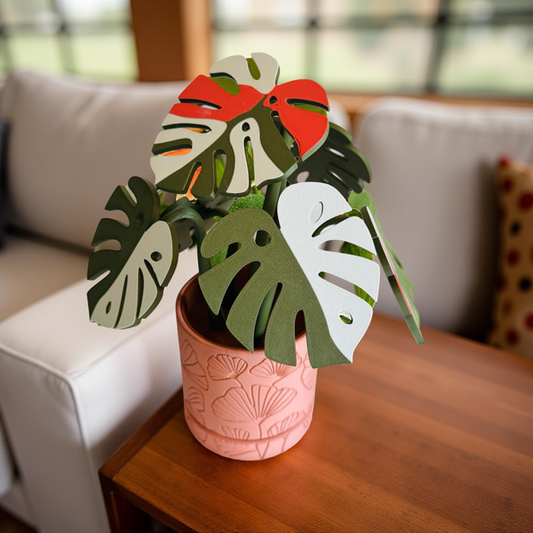 Red Monstera Coaster Set in Pink Floral Pot