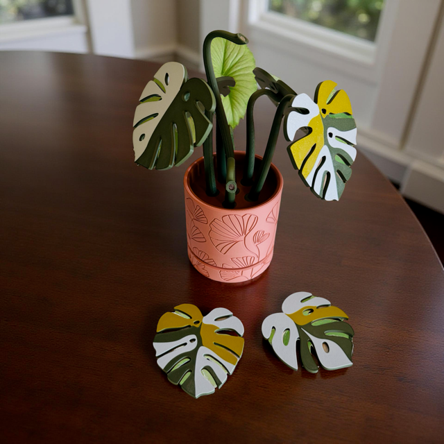 Green Monstera Coaster Set in Pink Floral Pot
