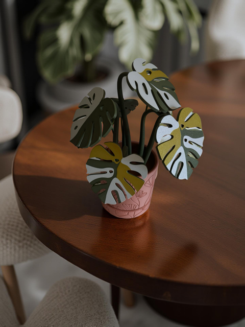 Green Monstera Coaster Set in Pink Floral Pot