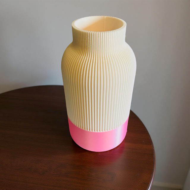 White Ribbed Vase with Pink Satin Detail for Lego Flowers or Artificial Flowers