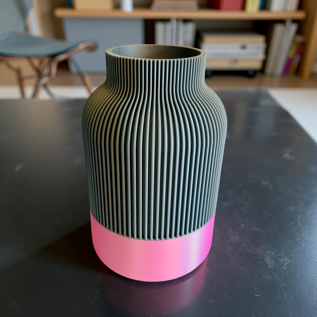 Grey Ribbed Vase with Pink Satin Detail for Lego Flowers or Artificial Flowers